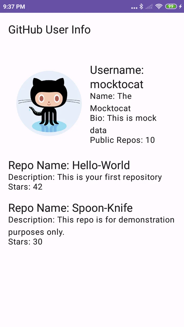 Android GitHub Mock App showing user profile and repository list from mock data