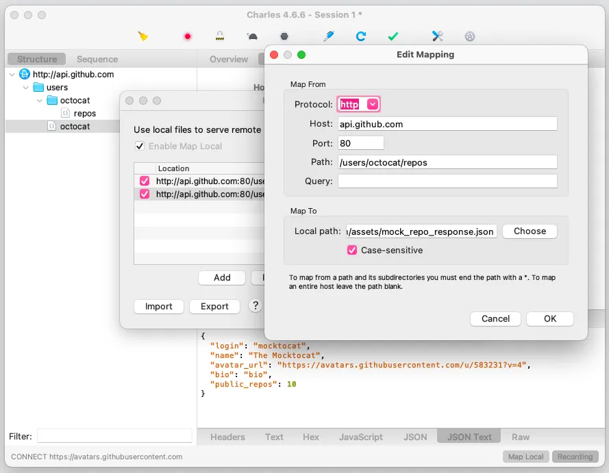 Charles Proxy Map Local settings for redirecting API requests to local mock JSON files