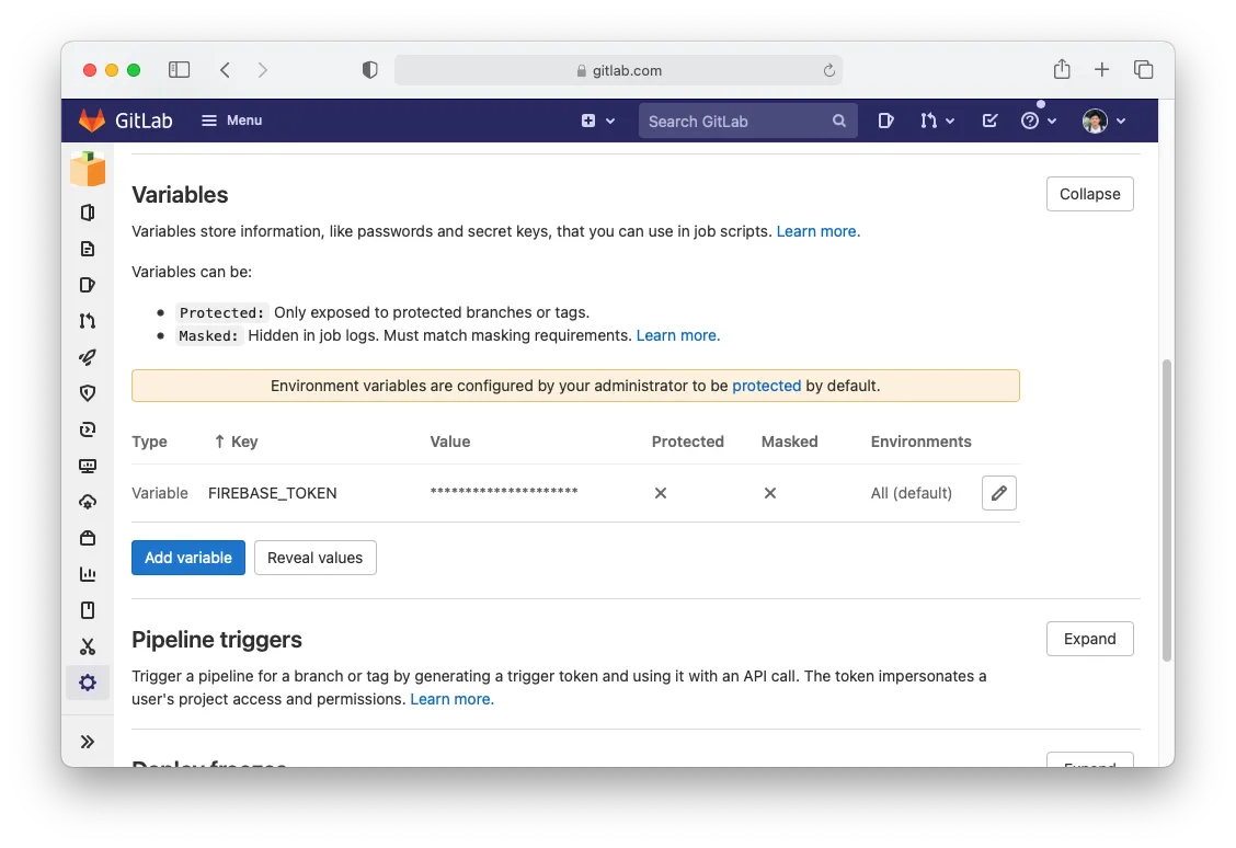 GitLab CI/CD variables configuration for Firebase token and environment variables