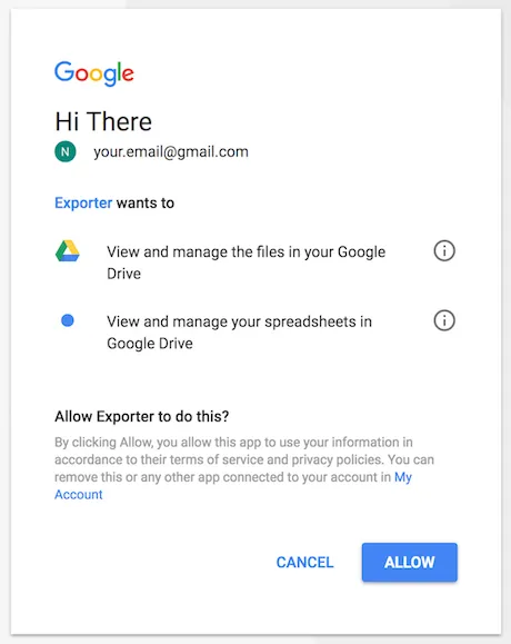 Google API OAuth consent screen for granting Drive and Spreadsheets permissions