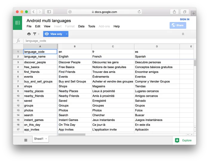 Google Spreadsheets interface used for managing multi-language string translations