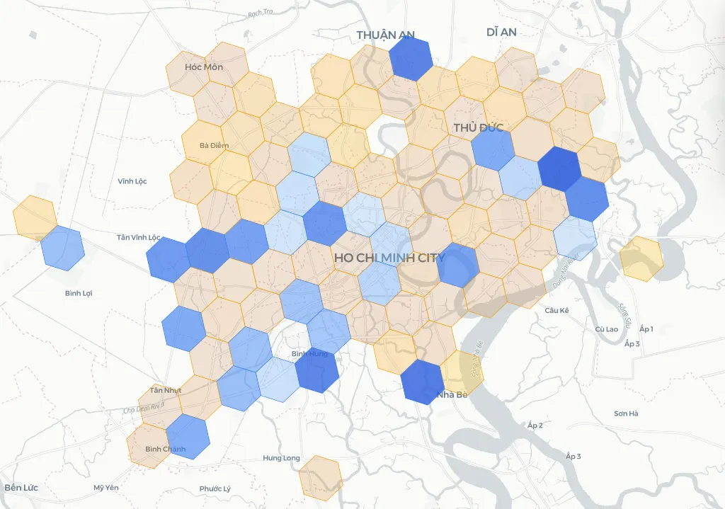 RainML interactive H3-hexagon map of HCMC showing rain detection status