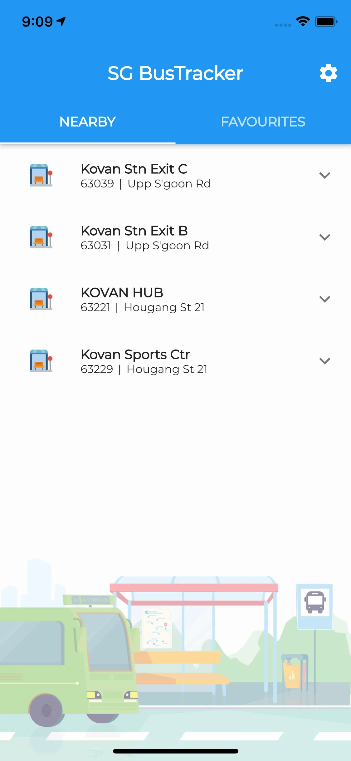 SG Bus Tracker app interface showing real-time bus arrival information