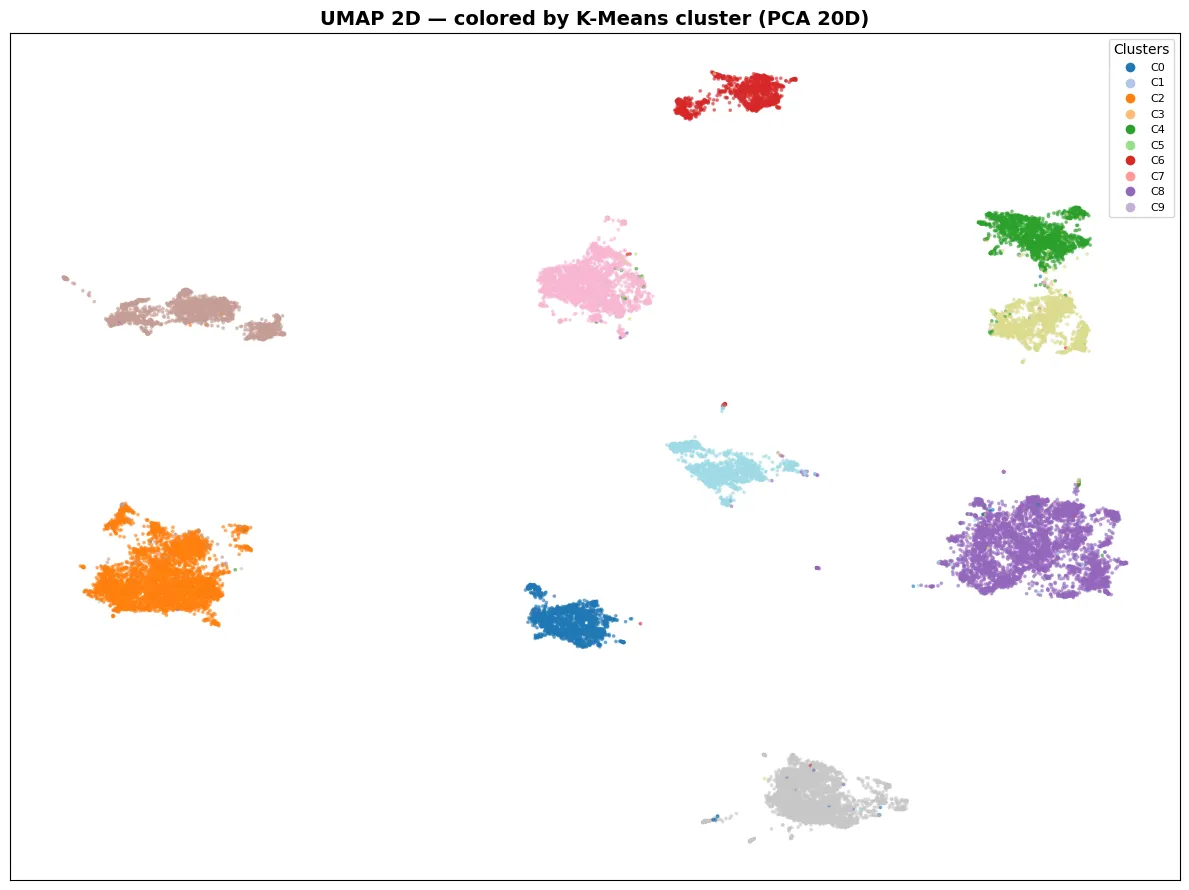 UMAP visualization of identified clusters colored by K-Means label