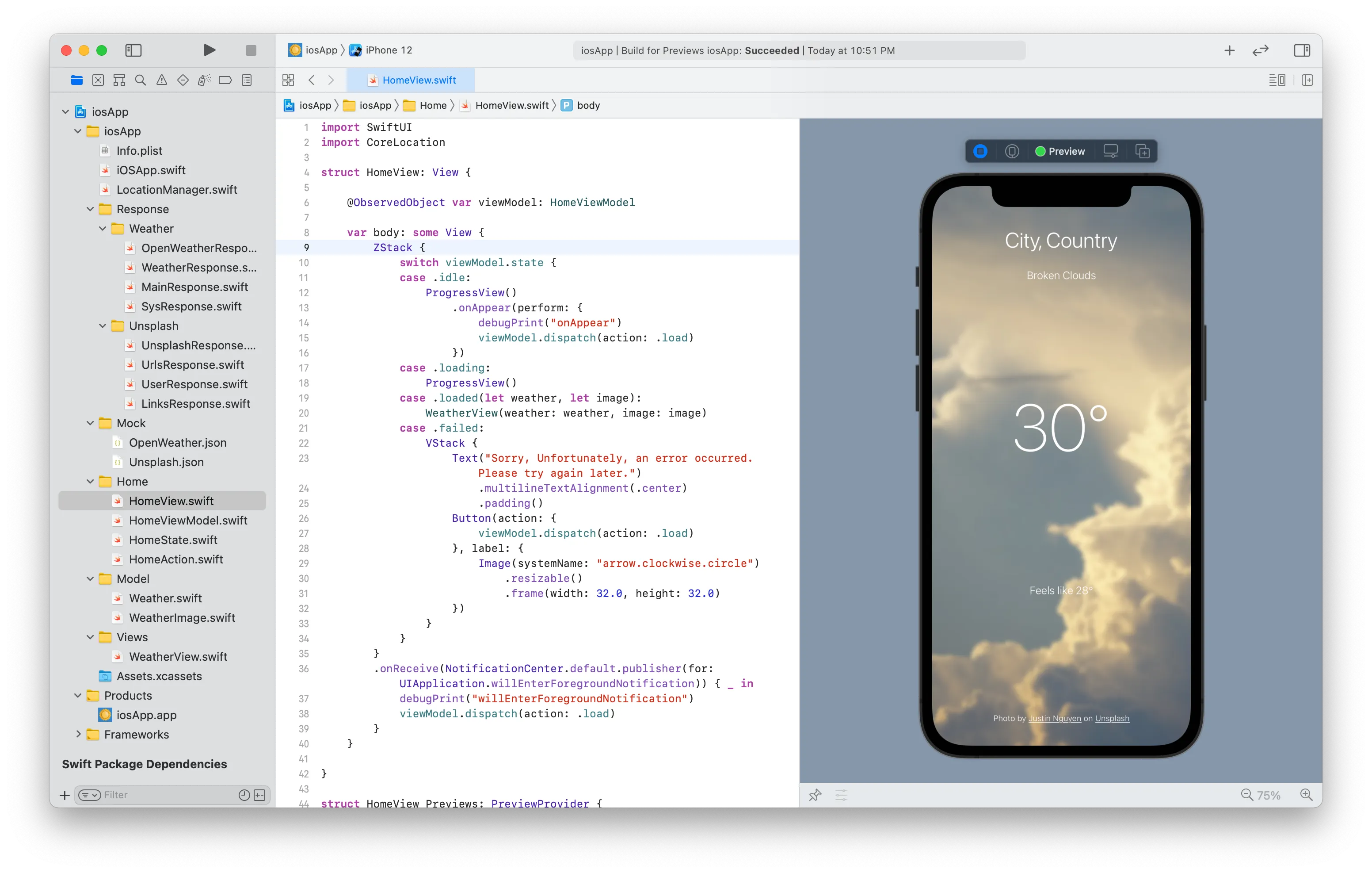 KMM Weather App project in Xcode showing SwiftUI integration with shared Kotlin module
